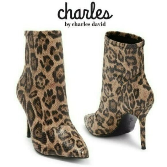 NWT Charles By Charles David Leopard Embossed Stretch Heel Booties - Picture 1 of 8